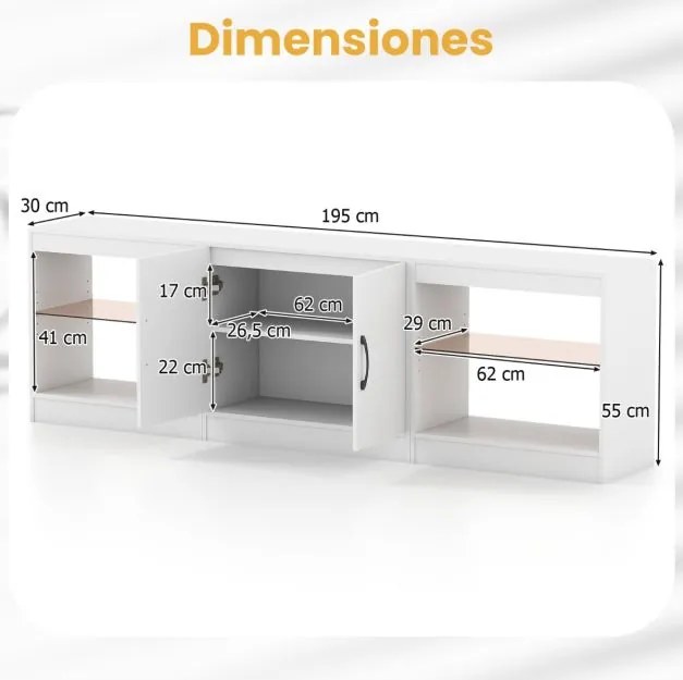 Móvel para TV até 85" com 195 x 30 x 55 cm de 3 em 1 com luzes LED e prateleiras de vidro ajustáveis branco