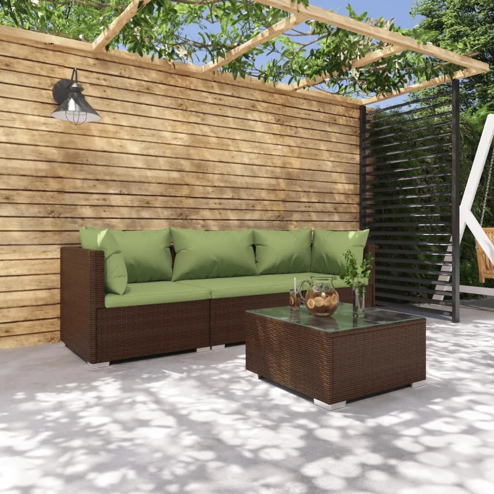 vidaXL 4 pcs conjunto lounge jardim c/ almofadões vime PE castanho