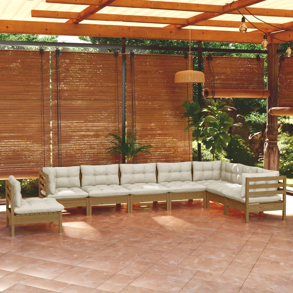 8pcs conj lounge jardim c/ almofadões pinho maciço castanho-mel