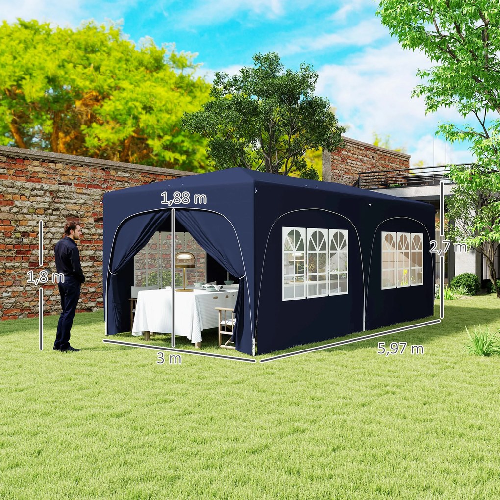 Tenda Dobrável 3x6 m com Painéis Laterais UPF50+ Tenda de Jardim com Altura Ajustável e Bolsa de Transporte Azul Escuro