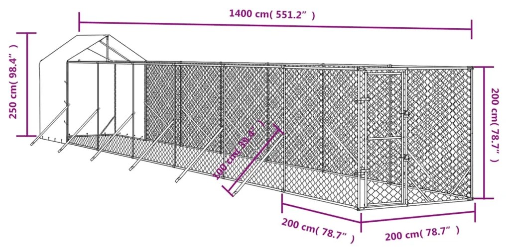 Canil de exterior com teto 2x14x2,5 m aço galvanizado prateado
