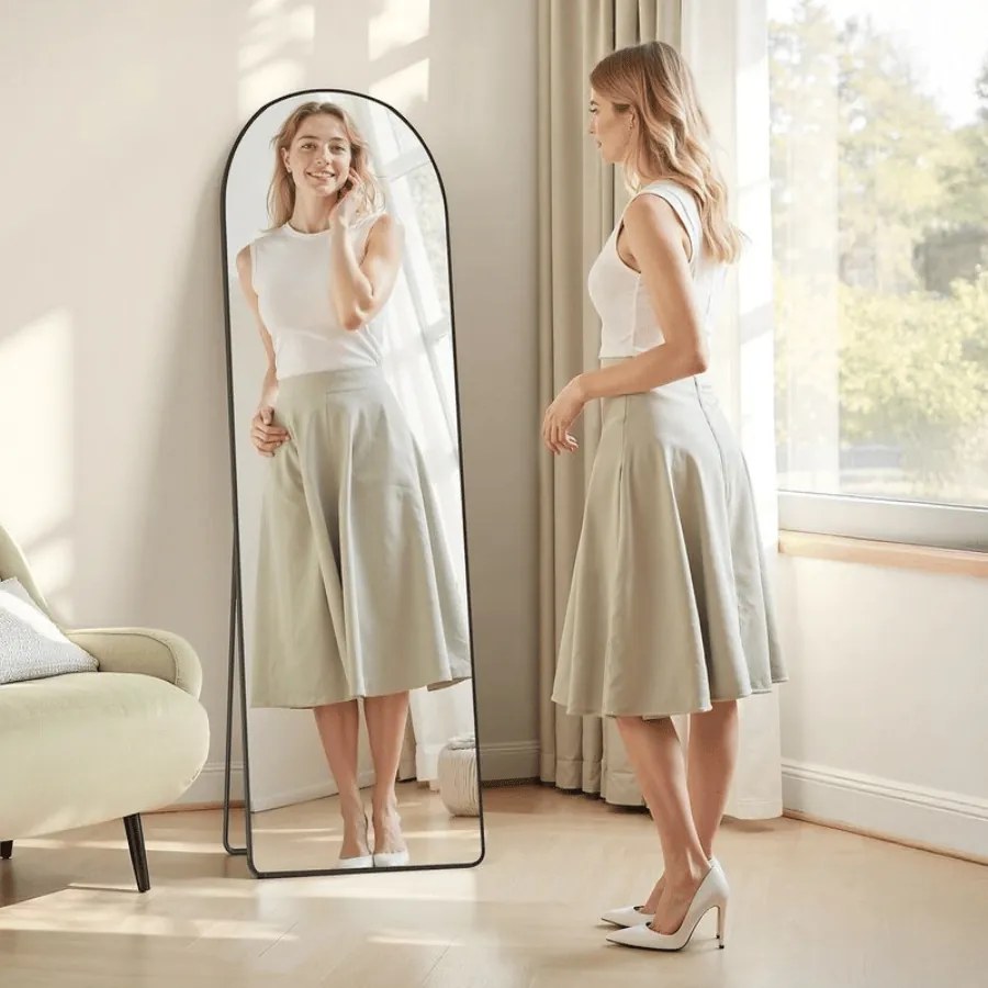 Espelho pé de corpo inteiro de 160 x 50 cm com moldura arqueada em vidro temperado preto