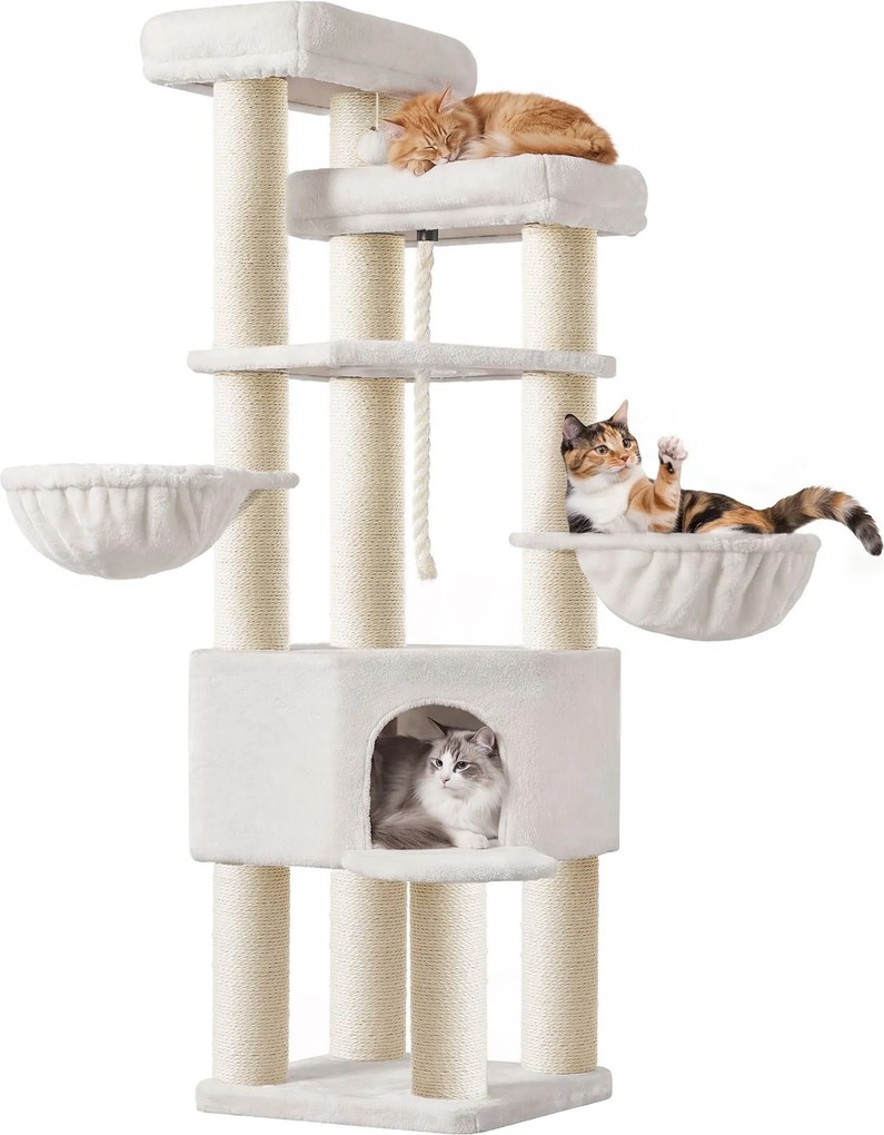 Arranhador para gatos 55 x 55 x 186,7 cm, árvore para gatos de vários andares, troncos grossos de sisal Branco creme