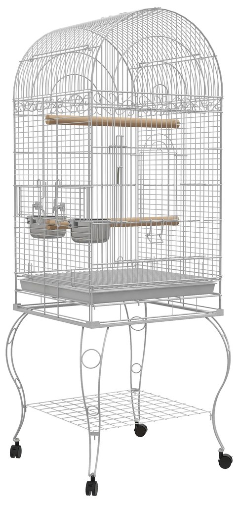 PawHut Gaiola para Pássaros com Rodas Bandeja Amovível Prateleira 2 Comedouros de Aço Inoxidável e Poleiro 51x51x153 cm Branco