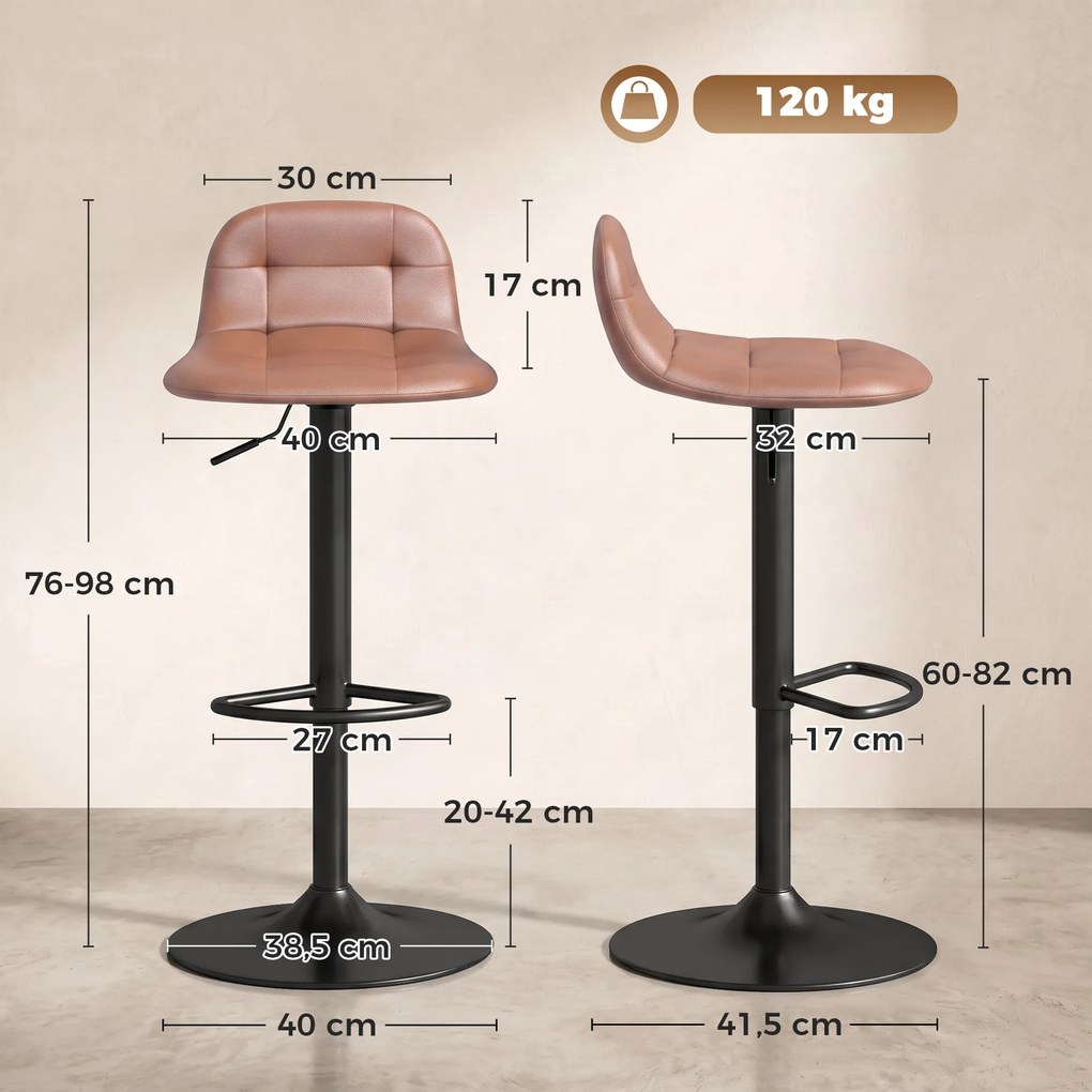 Conjunto de 2 bancos de bar em couro PU, estilo retro-industrial, altura ajustável, giratórios a 360°, 40 x 41,5 x 76-98 cm, castanho