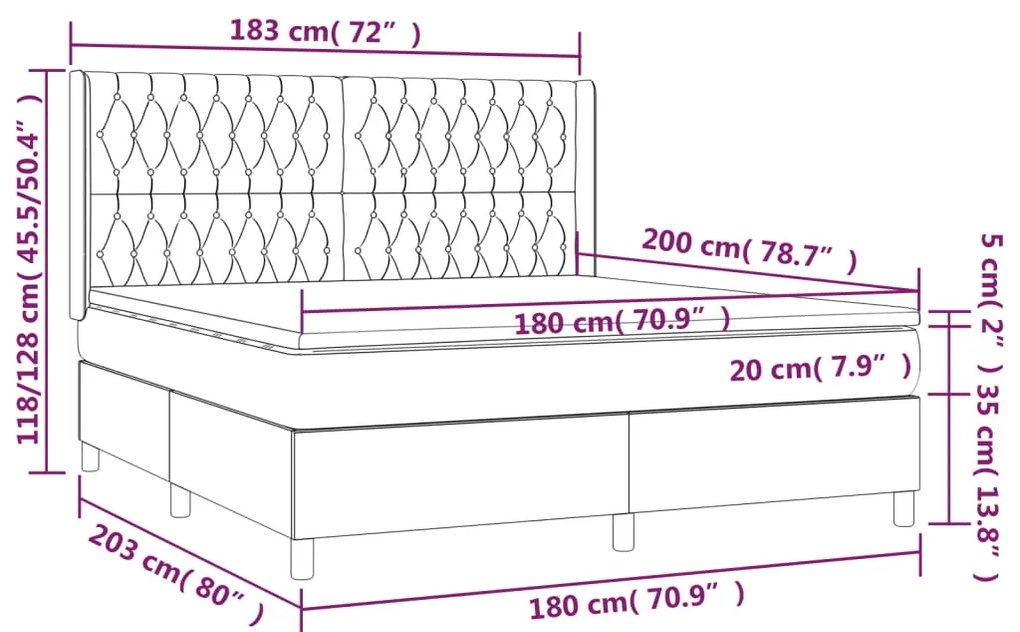 Cama box spring c/ colchão/LED 180x200 cm veludo verde-escuro