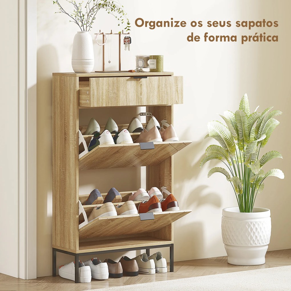 Sapateira Estreita com 2 Portas Gaveta e Prateleiras Ajustáveis para 8 Pares de Sapatos 60x24x105,5 cm Madeira