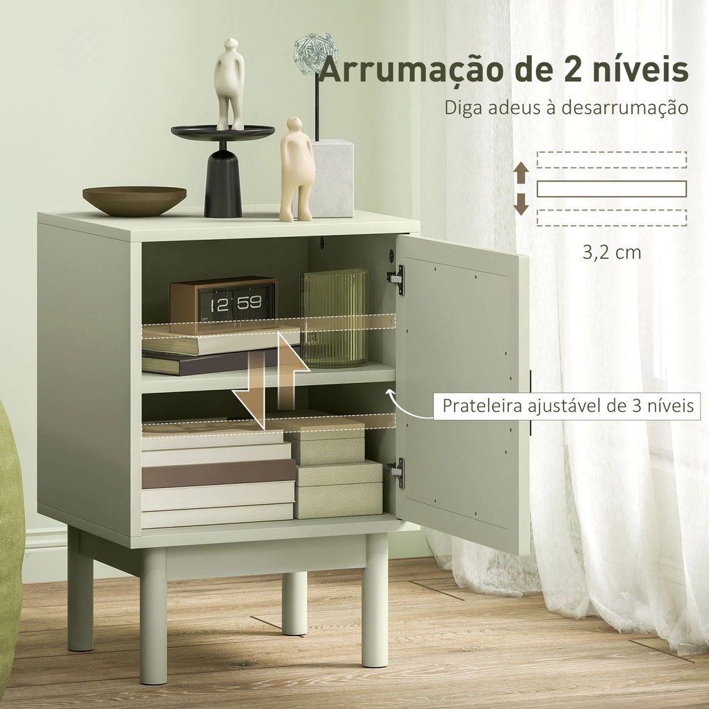 Mesa de Cabeceira com Porta de Vime Prateleira Ajustável e Pés de Madeira Estilo Boémio Mesa Auxiliar 40x35x58 cm Verde