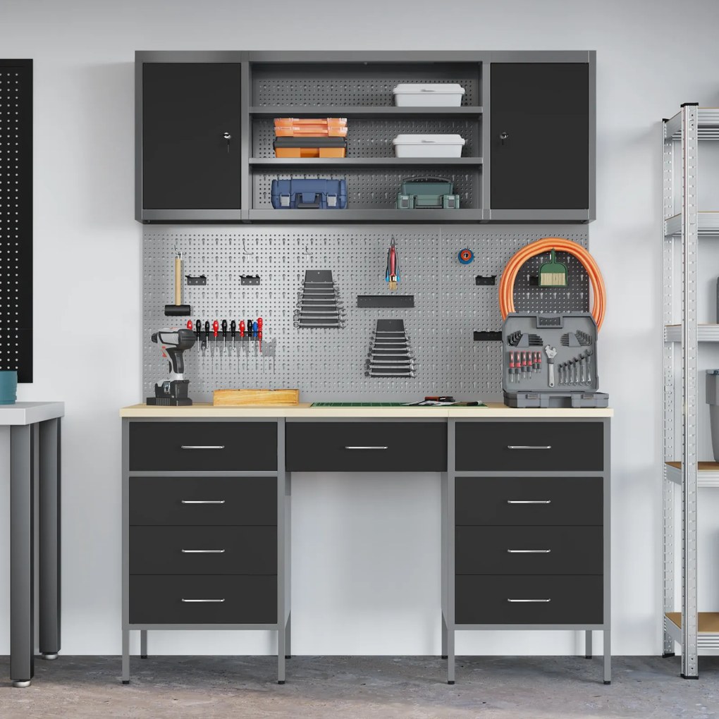 Conjunto de Armário e Painel de Ferramentas de 7 Peças vidaXL Preto em MDF e Metal