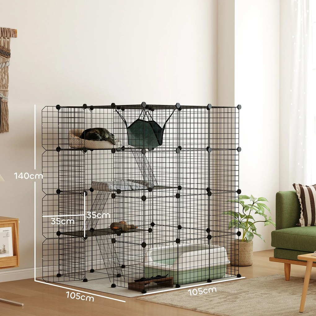 Gaiola Grande para Gatos de Interior 105x105x140 cm com 4 Níveis 5 Portas 3 Plataformas de Salto 3 Rampas e Rede Caixa areia não incluida Preto