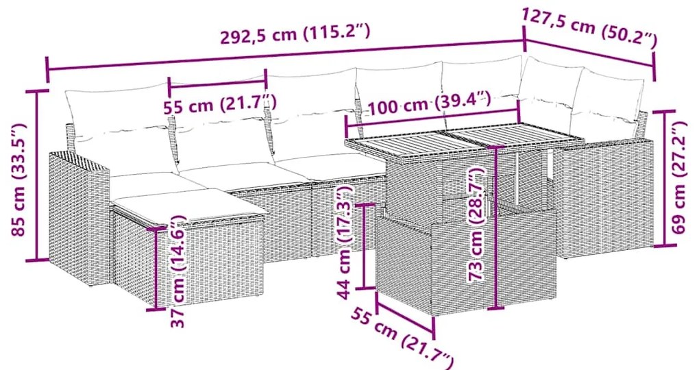 8 pcs conjunto de sofás p/ jardim com almofadões vime PE bege
