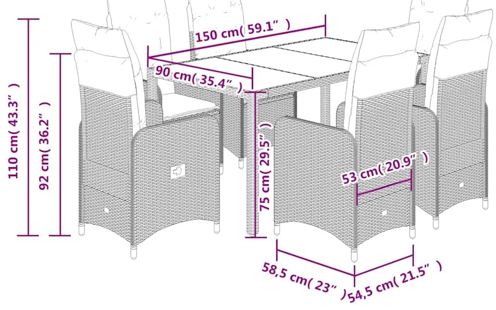 7 pcs conjunto bistrô de jardim c/ almofadões vime PE cinza