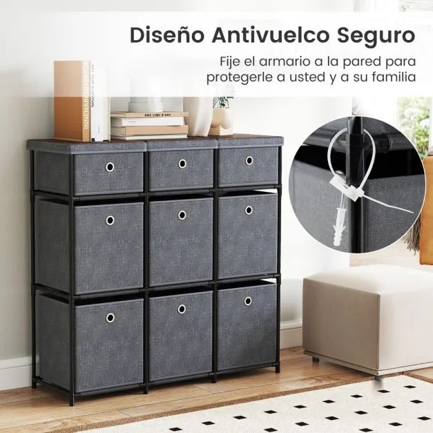 Cómoda com 9 gavetas 87 x 28 x 84 cm, estrutura metálica e cestos de tecido dobráveis para casa, cinza