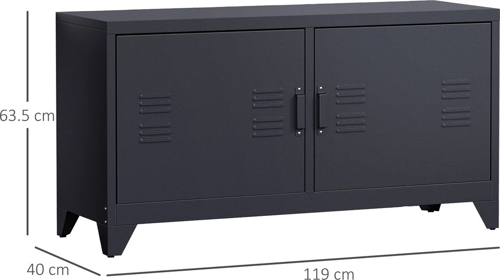 Móvel de televisão em Metal 119 (L) x 40 (P) x 63,5 (A) cm , design industrial, 2 armários com 2 prateleiras ajustáveis, passadores de cabos e estrutu