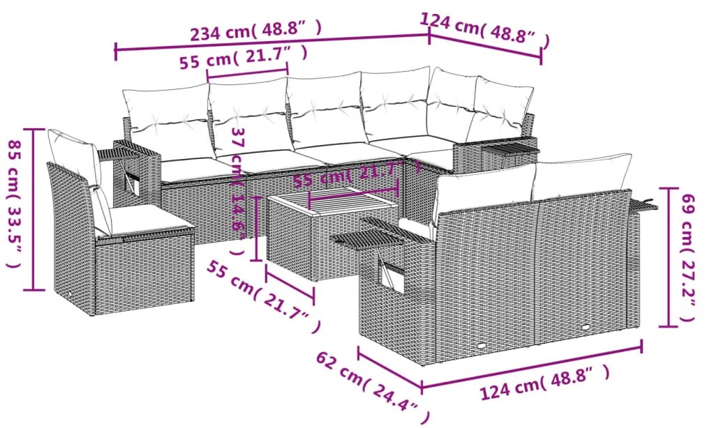 9 pcs conjunto de sofás p/ jardim com almofadões vime PE bege