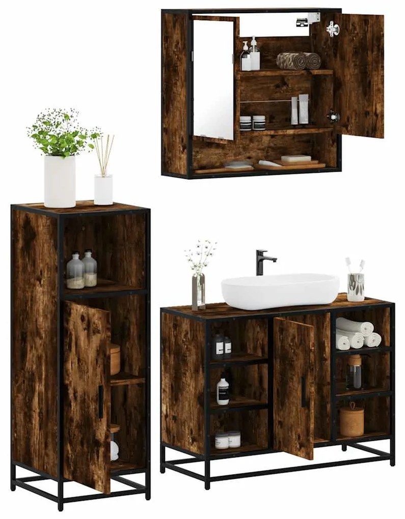 vidaXL 3 pcs conjunto de móveis WC madeira processada carvalho fumado