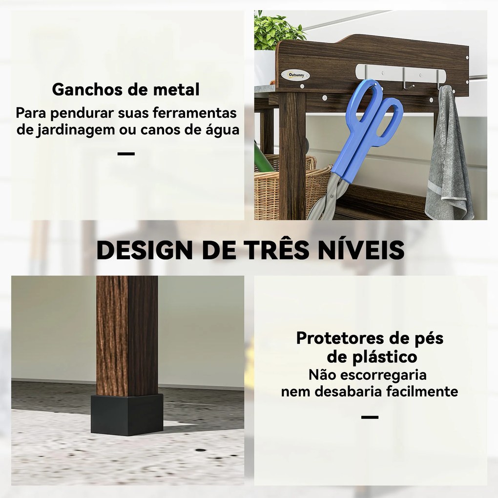 Mesa de Jardinagem de Madeira com Superfície Metálica Prateleiras e Ganchos para Jardim e Terraço 76x37x89 cm Carbonizado