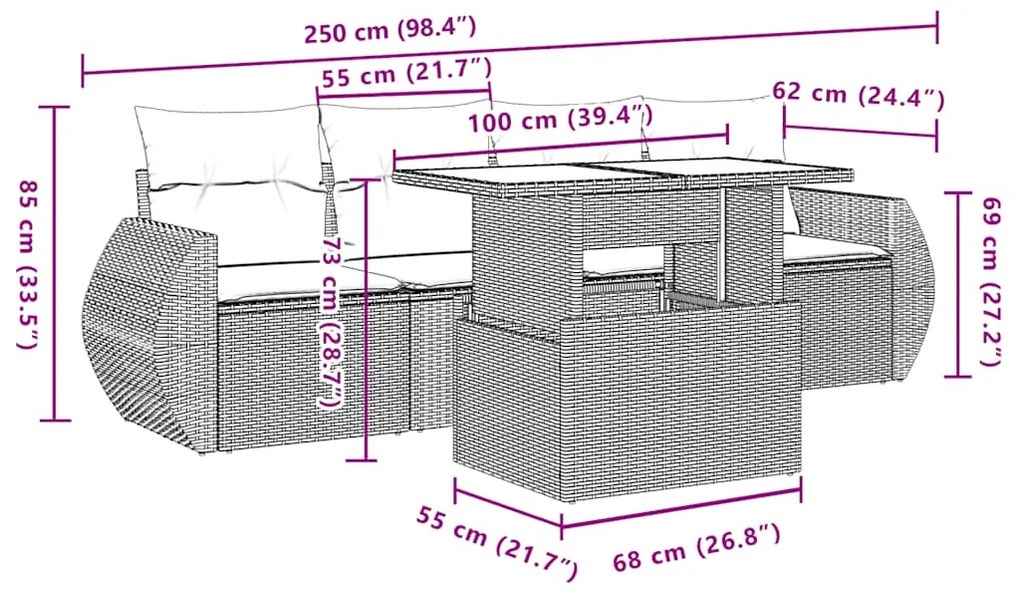 5 pcs conj. sofás jardim c/ almofadões vime PE cinzento-claro