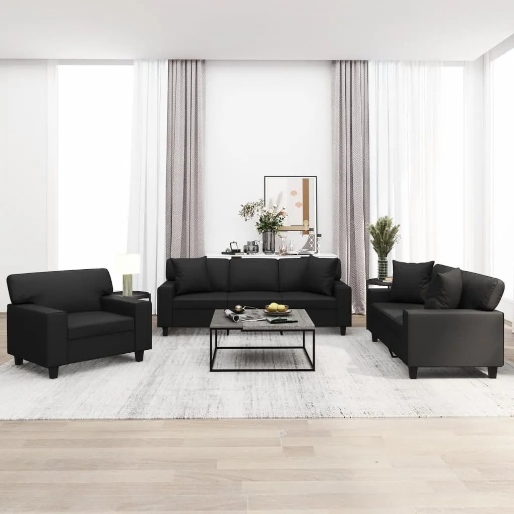 vidaXL 3 pcs conj. de sofás c/ almofadas/almofadões couro artif. preto