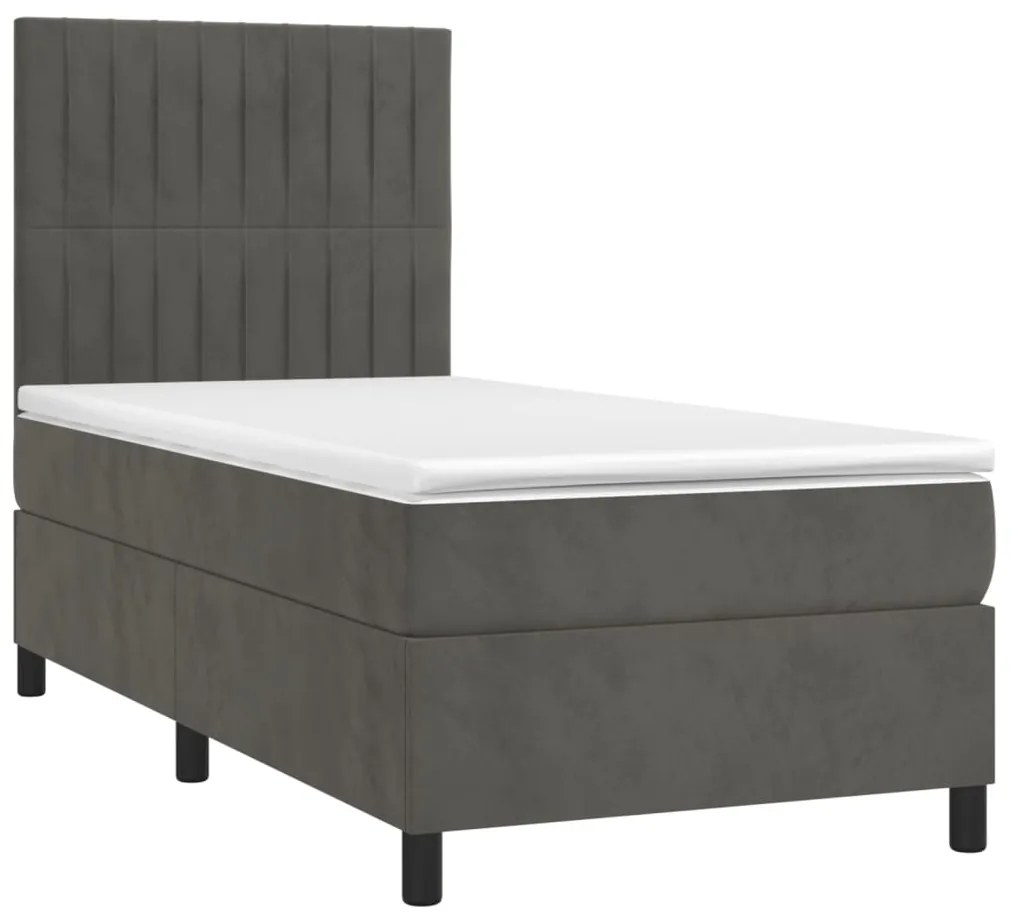 Cama box spring c/ colchão/LED 100x200cm veludo cinzento-escuro