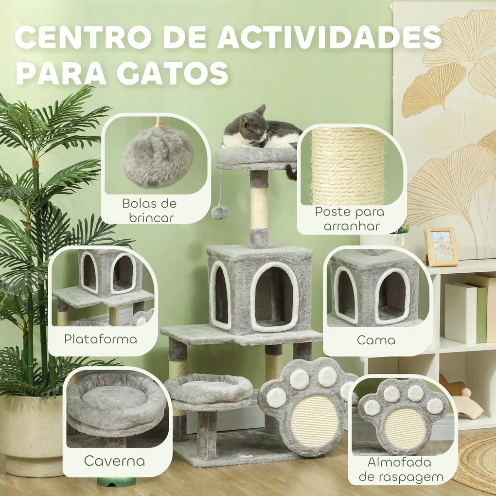 Arranhador para Gatos 110 cm Torre para Gatos com Ninho Caverna Plataforma Arranhador Bola Suspensa Cinza Claro