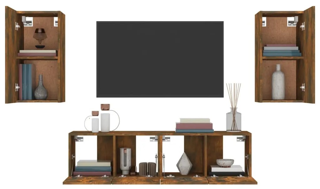 Conjunto móveis de TV 4 pcs madeira processada carvalho fumado