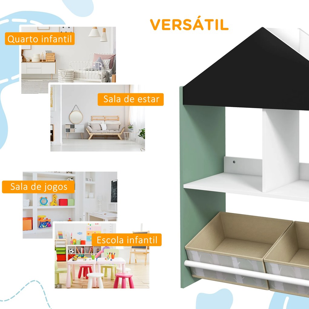 Estante para Brinquedos Organizador Infantil com Prateleiras Abertas e Caixas de Tecido não Tecido Amovíveis 62x27x90cm Verde