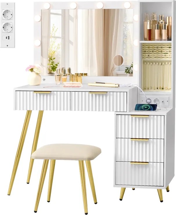 Toucador com banco e espelho com iluminação LED 40 x 110 x 135 cm branco