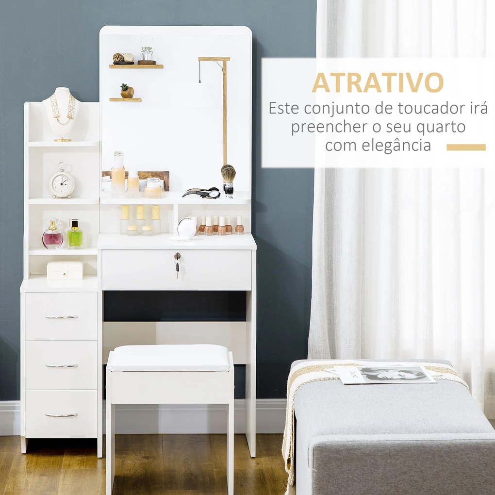 HOMCOM Toucador de Maquilhagem com Banco e Espelho Mesa de Maquilhagem com 4 Gavetas 4 Compartimentos de Armazenamento Estilo Moderno 80x38x143cm Branco