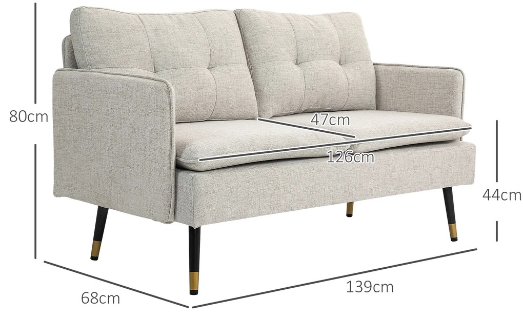 Sofá de 2 Lugares Moderno Estofado em Poliéster com 4 Almofadas Apoio para os Braços e Pés de Aço 139x68x80 cm Creme
