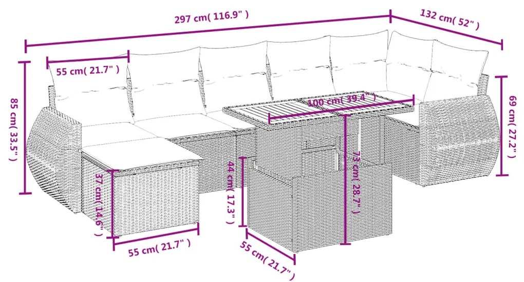 8 pcs conjunto sofás de jardim com almofadões vime PE preto