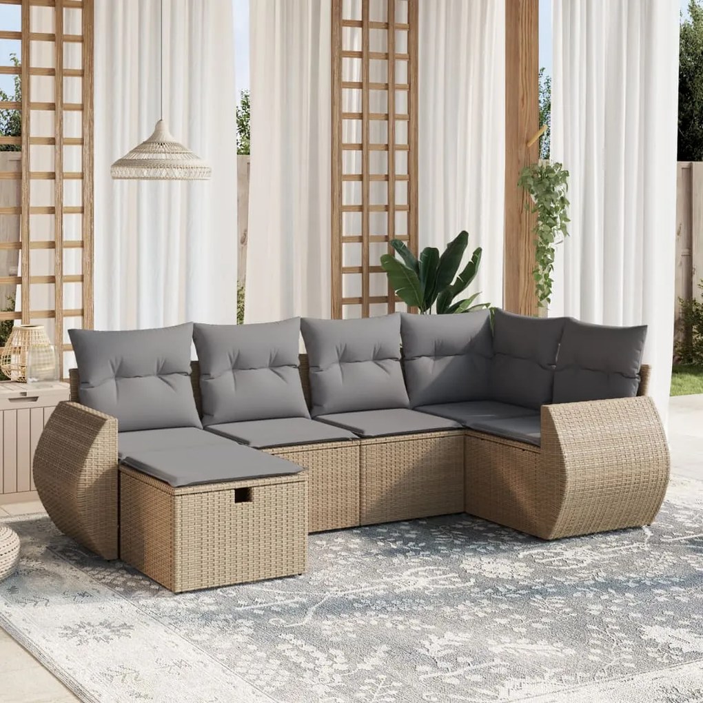 6 pcs conj. sofás jardim c/ almofadões vime PE bege misturado