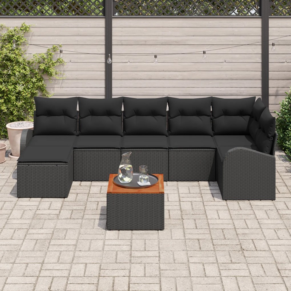 Conjunto de Sofá para Jardim vidaXL 8 Peças com Almofadas Pretas Polyr