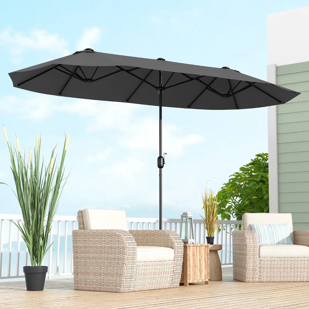 Guarda-sol duplo para jardim com base recarregável, manivela e 12 hastes de alta resistência Cinzento