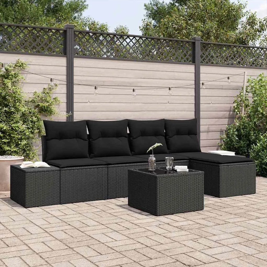 vidaXL Conjunto de Sofá de Jardim com almofada 5 pcs Preto vime PE