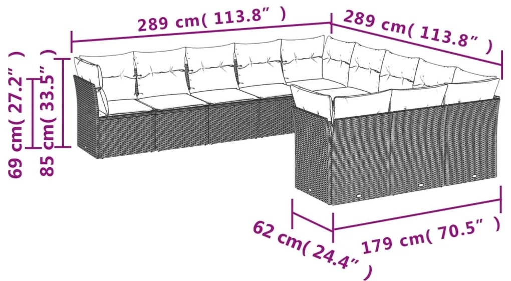11 pcs conjunto sofás de jardim c/ almofadões vime PE cinzento