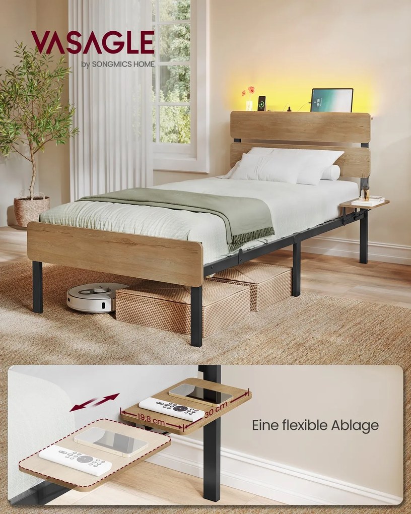 Estrutura de cama 90 x 200 cm (COLCHÃO NÃO INCLUIDO) com iluminação e estação de carregamento Castanho natural