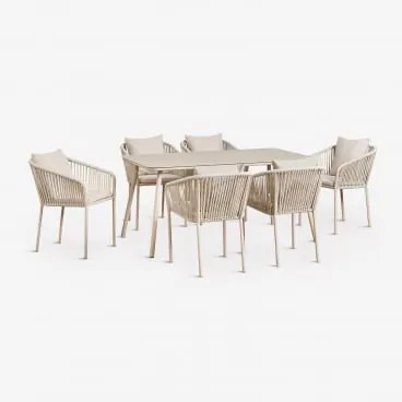 Conjunto De Mesa Retangular 160x90 Cm E 6 Cadeiras De Jantar Em Corda Trançada Arhiza Classic Tapioca Bege - Sklum