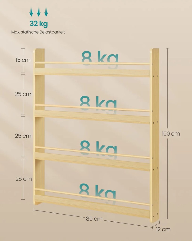 Estante infantil 12 x 80 x 100 cm com 4 níveis para quartos infantis e salas de jogos em cor natural