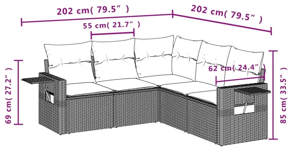 5 pcs conjunto sofás de jardim com almofadões vime PE preto