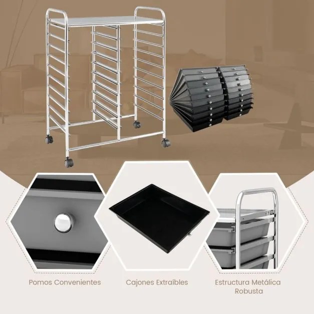 Carrinho auxiliar de armazenamento 64 x 39 x 88 cm com 4 rodas, 20 gavetas 2 rodas com travões, estrutura metálica preta