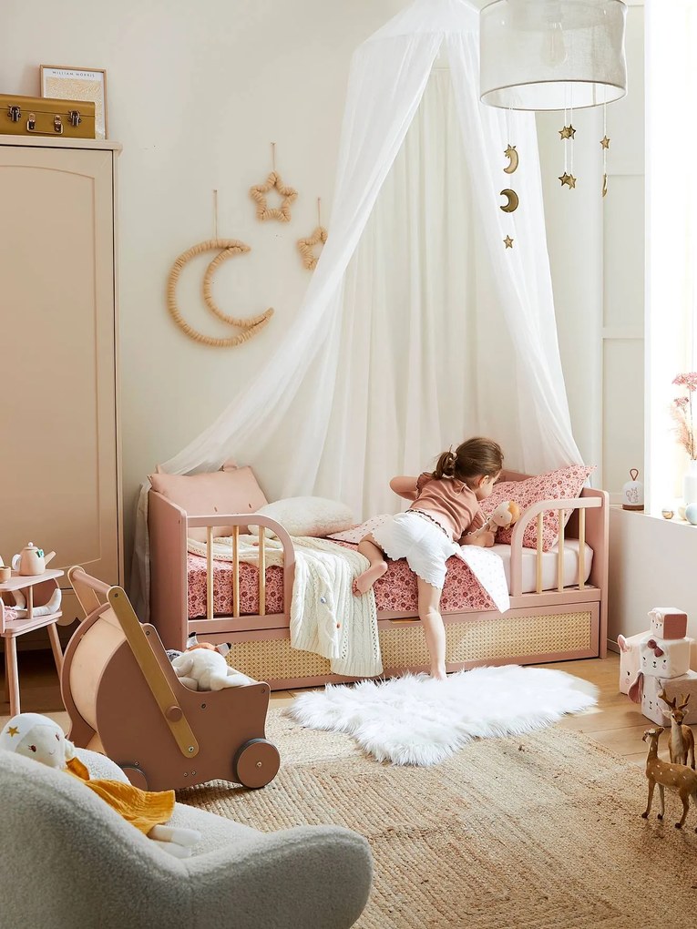 Cama de bebé evolutiva 70x140cm, com grades e gaveta de arrumação, Poesia rosa-nude