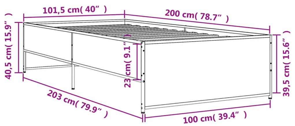 Estrutura cama 100x200 cm derivados madeira/metal cinza sonoma