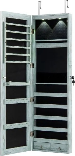 Armário de joias em madeira com espelho de parede e LED interno Organizador de porta ou parede com chave 35,5 x 10 x 120 cm Azul