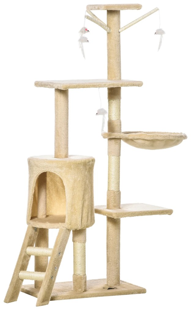 PawHut Arranhador para Gatos de 134,2 cm com Caverna Plataformas Rato de Brinquedo Rede e Postes de Sisal 50x35x134,2 cm Bege | Aosom Portugal