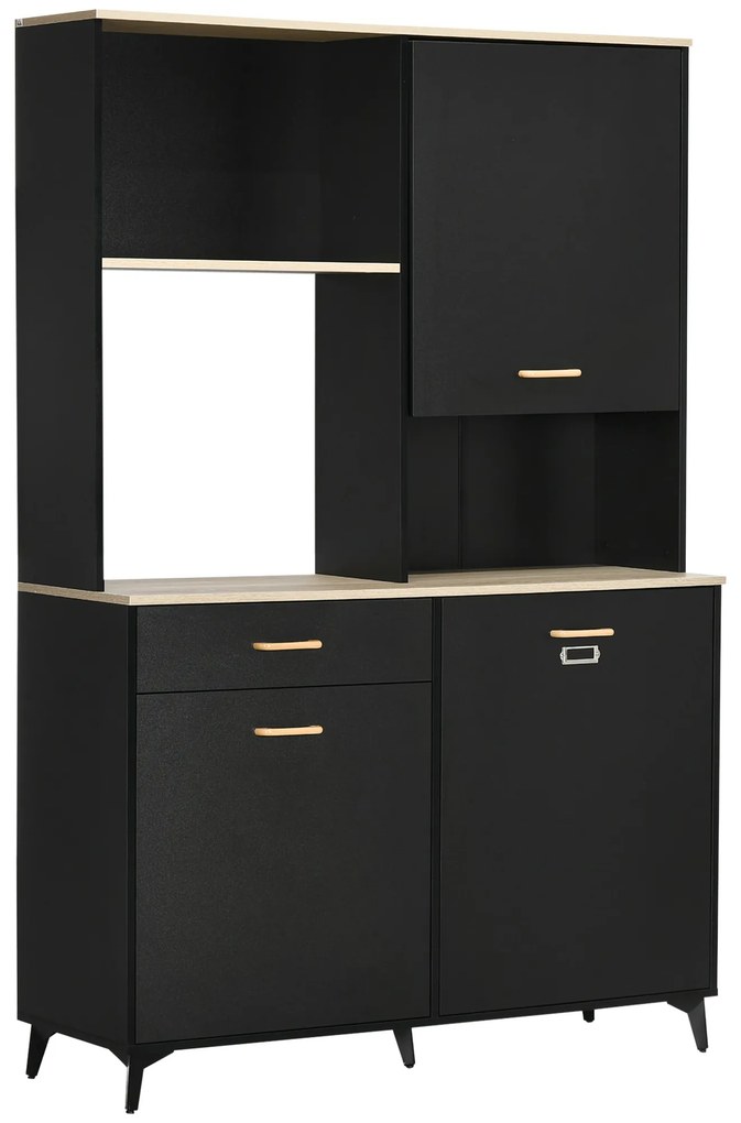 Armário de Cozinha com 1 Gaveta 3 Portas e Armazenamento Aberto Estilo Moderno 119x41x180cm Preto