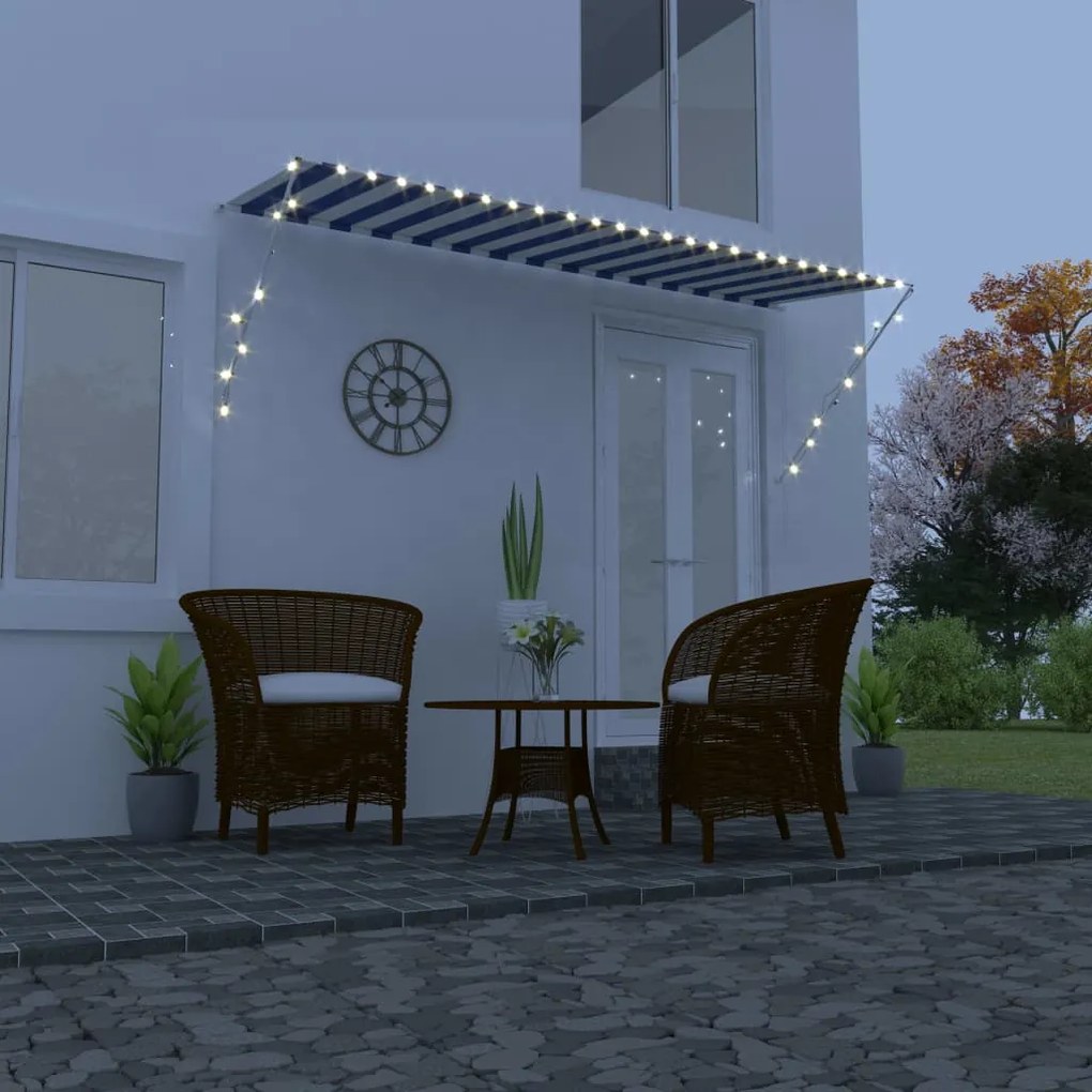 vidaXL Toldo retrátil com LED 350x150 cm azul e branco