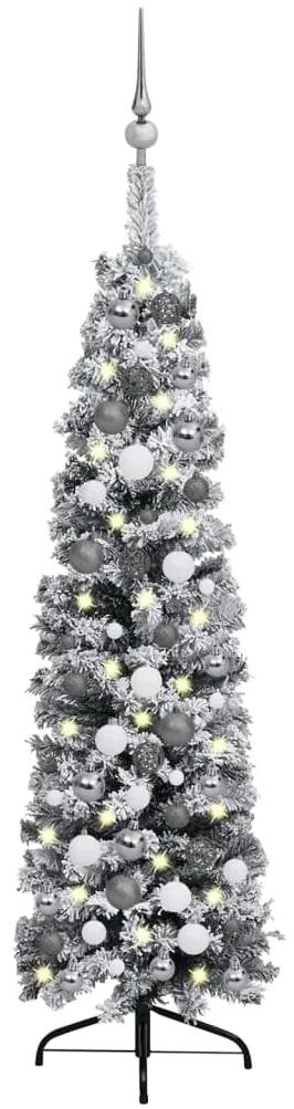3077903 vidaXL Árvore de Natal pré-iluminada fina c/bolas e neve 120 cm verde