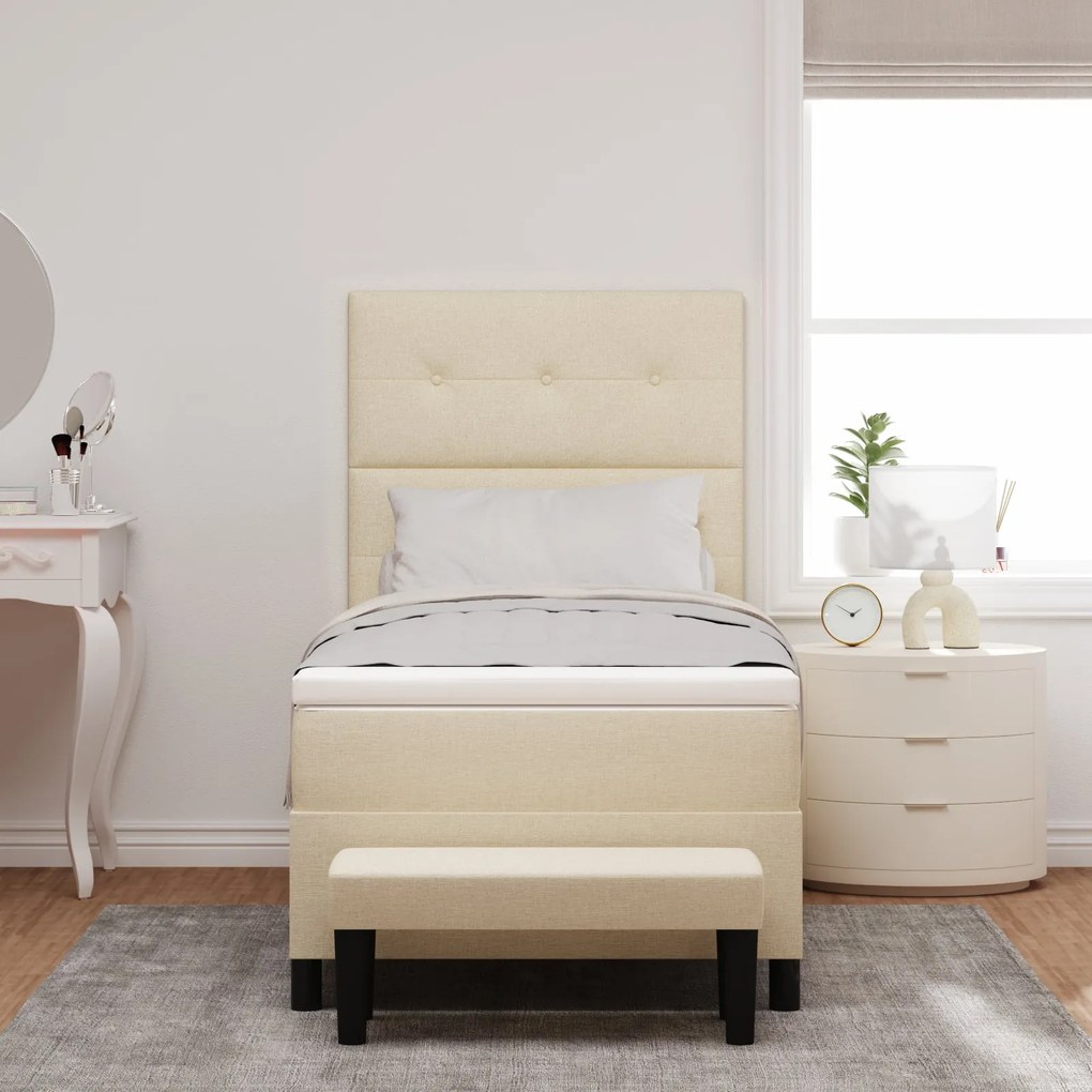 Cama Box Spring com Colchão &amp; Banqueta Creme 90x200 cm Tecido