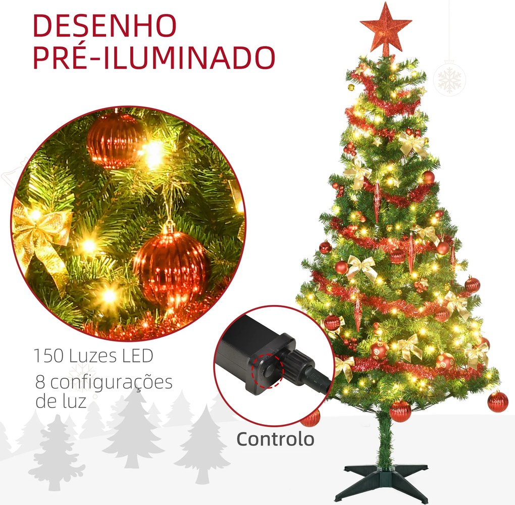 Árvore de Natal Artificial com 150 Luzes LED 480 Ramos com 100 Decorações Suporte de Aço Ø86x180 cm Verde
